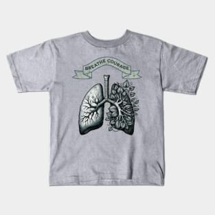 Breathe Courage, blue and green lungs with climbing plant and branches, cancer awareness, bloom floral, anatomy, watercolor Kids T-Shirt